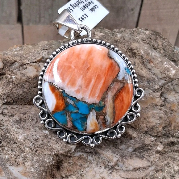 Turquoise Spiny Oyster Pendant Orange Blue Cooper Sterling Silver Southwestern